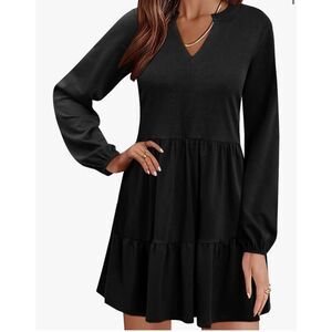 NEW V Neck Casual Tiered Pockets A-Line Swing Mini Babydoll Dress M